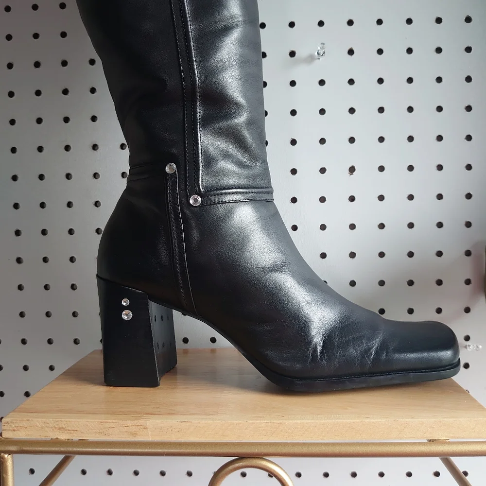 Westies Chunky Heel Block Leather, Fur And Rivet Rhinestone Winter Boots Black - Picture 12 of 14